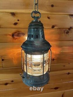 Antique 1910s 20s Nautical Lantern Hanging Ceiling Light Lantern Brass Tin Vtg