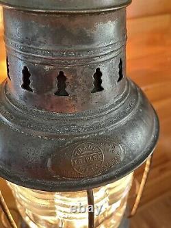 Antique 1910s 20s Nautical Lantern Hanging Ceiling Light Lantern Brass Tin Vtg