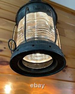 Antique 1910s 20s Nautical Lantern Hanging Ceiling Light Lantern Brass Tin Vtg