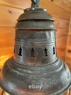 Antique 1910s 20s Nautical Lantern Hanging Ceiling Light Lantern Brass Tin Vtg
