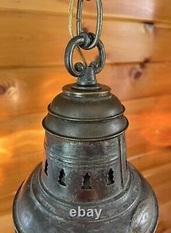 Antique 1910s 20s Nautical Lantern Hanging Ceiling Light Lantern Brass Tin Vtg