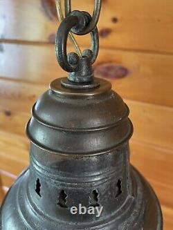 Antique 1910s 20s Nautical Lantern Hanging Ceiling Light Lantern Brass Tin Vtg