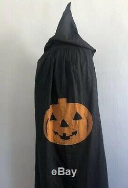 Antique 1920s Halloween Costume Cape Black Cotton Jack O' Lantern Pumpkin AAFA