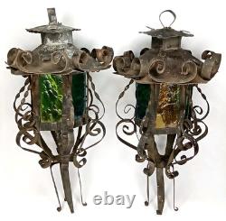 Antique 1920s Spanish Revival Gothic Wrought Iron Lantern Set Of 2 New Arrival