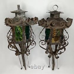 Antique 1920s Spanish Revival Gothic Wrought Iron Lantern Set Of 2 New Arrival