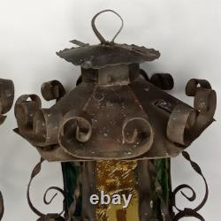 Antique 1920s Spanish Revival Gothic Wrought Iron Lantern Set Of 2 New Arrival