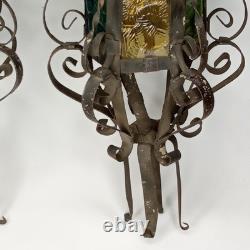 Antique 1920s Spanish Revival Gothic Wrought Iron Lantern Set Of 2 New Arrival