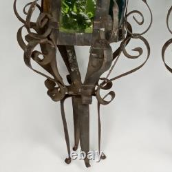 Antique 1920s Spanish Revival Gothic Wrought Iron Lantern Set Of 2 New Arrival