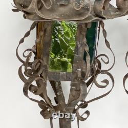 Antique 1920s Spanish Revival Gothic Wrought Iron Lantern Set Of 2 New Arrival