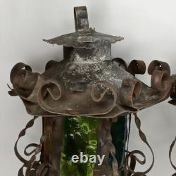 Antique 1920s Spanish Revival Gothic Wrought Iron Lantern Set Of 2 New Arrival