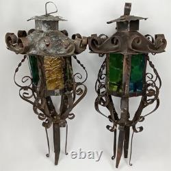 Antique 1920s Spanish Revival Gothic Wrought Iron Lantern Set Of 2 New Arrival