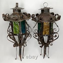 Antique 1920s Spanish Revival Gothic Wrought Iron Lantern Set Of 2 New Arrival