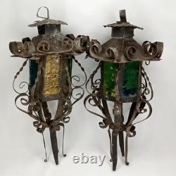 Antique 1920s Spanish Revival Gothic Wrought Iron Lantern Set Of 2 New Arrival
