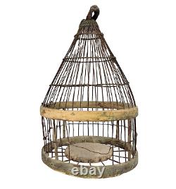 Antique 19thC BIRDCAGE WIRE & WOOD OLD PAINT Bird House Primitive Candle Lantern