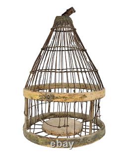 Antique 19thC BIRDCAGE WIRE & WOOD OLD PAINT Bird House Primitive Candle Lantern