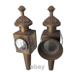 Antique 19th Century Brass Carriage Lantern Lamp Set Glass Lens Buggy Coach Car