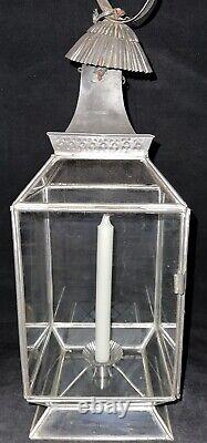 Antique 22 Hurricane Candle Lamp Lantern Tin Holder, Glass Panes, Hinged Door