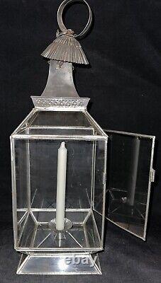 Antique 22 Hurricane Candle Lamp Lantern Tin Holder, Glass Panes, Hinged Door