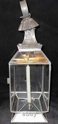 Antique 22 Hurricane Candle Lamp Lantern Tin Holder, Glass Panes, Hinged Door