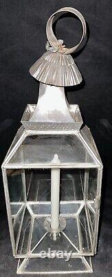 Antique 22 Hurricane Candle Lamp Lantern Tin Holder, Glass Panes, Hinged Door