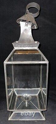 Antique 22 Hurricane Candle Lamp Lantern Tin Holder, Glass Panes, Hinged Door