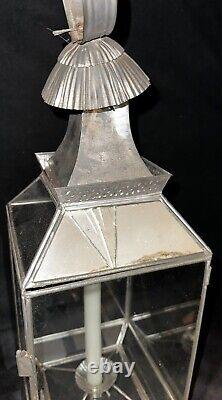 Antique 22 Hurricane Candle Lamp Lantern Tin Holder, Glass Panes, Hinged Door