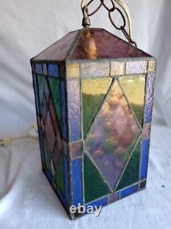 Antique ART CRAFTS STAINED LEADED GLASS HANGING porch lantern Incredible cond