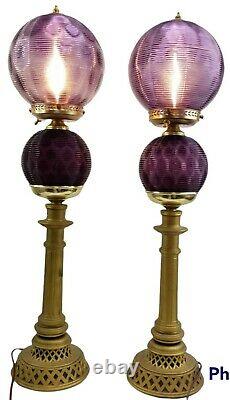 Antique Amethyst Purple Double Globe Parlor Buffet Lamp Set Ribbed Glass