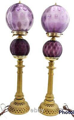 Antique Amethyst Purple Double Globe Parlor Buffet Lamp Set Ribbed Glass
