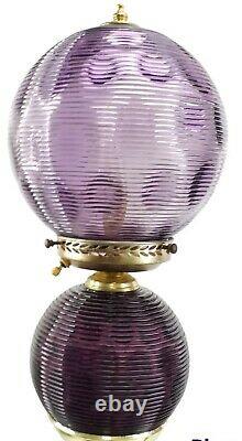 Antique Amethyst Purple Double Globe Parlor Buffet Lamp Set Ribbed Glass