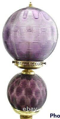 Antique Amethyst Purple Double Globe Parlor Buffet Lamp Set Ribbed Glass