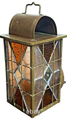 Antique Arts & Crafts Brass Wall Sconce Lantern Stained Glass Lighting Fixture