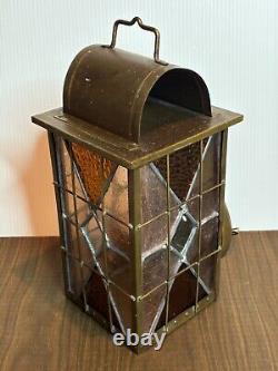 Antique Arts & Crafts Brass Wall Sconce Lantern Stained Glass Lighting Fixture