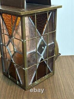 Antique Arts & Crafts Brass Wall Sconce Lantern Stained Glass Lighting Fixture