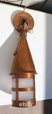 Antique Arts & Crafts Era Copper & Vasoline Glass Hanging Lantern Light c 1910