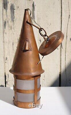 Antique Arts & Crafts Era Copper & Vasoline Glass Hanging Lantern Light c 1910