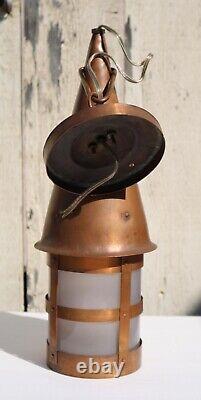 Antique Arts & Crafts Era Copper & Vasoline Glass Hanging Lantern Light c 1910