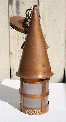 Antique Arts & Crafts Era Copper & Vasoline Glass Hanging Lantern Light c 1910