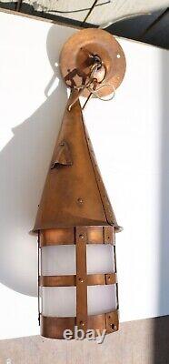 Antique Arts & Crafts Era Copper & Vasoline Glass Hanging Lantern Light c 1910