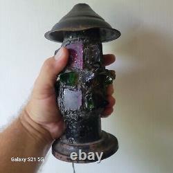 Antique Arts & Crafts Folk Art Lamp Railroad Lantern Style Colored Glass UNUSUAL