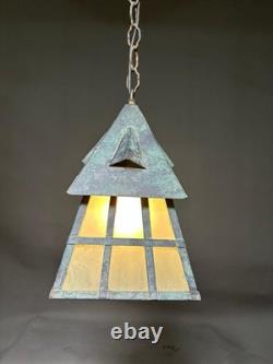 Antique Arts & Crafts Wrought Iron Mission Patina Hanging Pendant Lamp Lantern