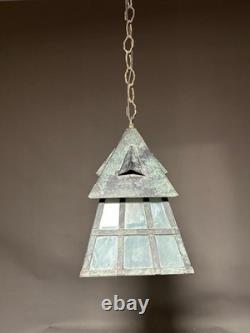 Antique Arts & Crafts Wrought Iron Mission Patina Hanging Pendant Lamp Lantern