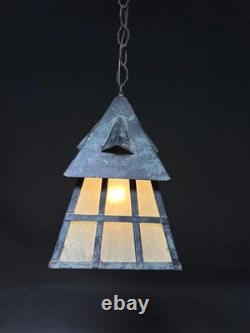 Antique Arts & Crafts Wrought Iron Mission Patina Hanging Pendant Lamp Lantern