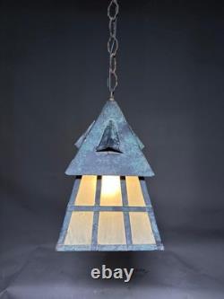 Antique Arts & Crafts Wrought Iron Mission Patina Hanging Pendant Lamp Lantern