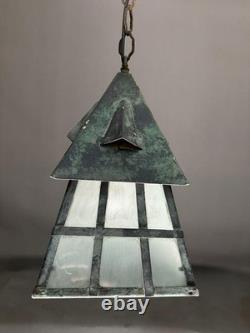Antique Arts & Crafts Wrought Iron Mission Patina Hanging Pendant Lamp Lantern