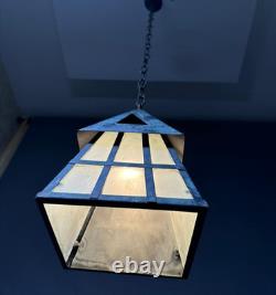 Antique Arts & Crafts Wrought Iron Mission Patina Hanging Pendant Lamp Lantern