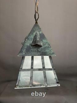 Antique Arts & Crafts Wrought Iron Mission Patina Hanging Pendant Lamp Lantern