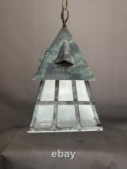 Antique Arts & Crafts Wrought Iron Mission Patina Hanging Pendant Lamp Lantern