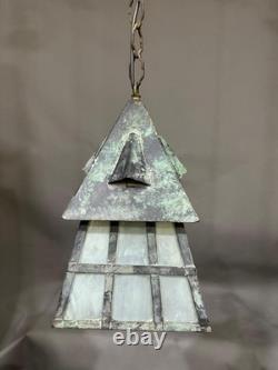 Antique Arts & Crafts Wrought Iron Mission Patina Hanging Pendant Lamp Lantern