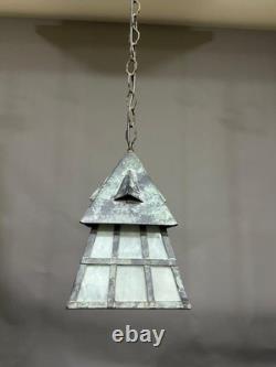 Antique Arts & Crafts Wrought Iron Mission Patina Hanging Pendant Lamp Lantern